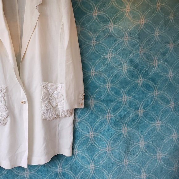 Ivory Longline Pure Linen Crotchet Blazer Jacket with measurement us10 - Picture 9 of 11